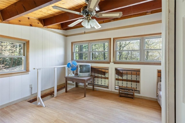 125 Hawks Nest Ln Unit 1, Highlands, NC 28741 - living area featuring wooden ceiling, ceiling fan, beamed ceiling, and wood finished floors
