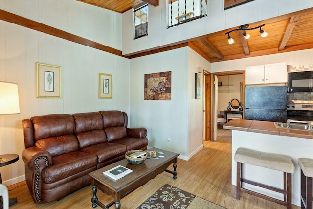125 Hawks Nest Ln Unit 1, Highlands, NC 28741 - living area featuring baseboards, beamed ceiling, light wood finished floors, and wooden ceiling
