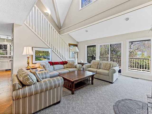 living room with sink, a wealth of natural light, and vaulted ceiling