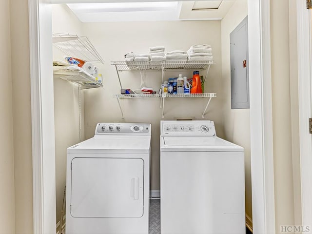 laundry area featuring parquet flooring, electric panel, and washer and dryer