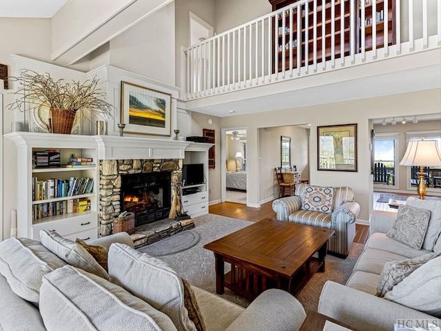 living room with a high ceiling, wood-type flooring, and a fireplace