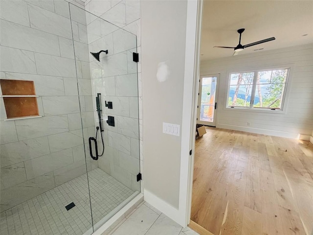 99 Sori Ln, Sapphire, NC 28774 - full bath featuring a shower stall, ceiling fan, and wood finished floors