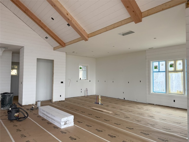 99 Sori Ln, Sapphire, NC 28774 - unfurnished living room with a wooden ceiling with exposed beams and high vaulted ceiling