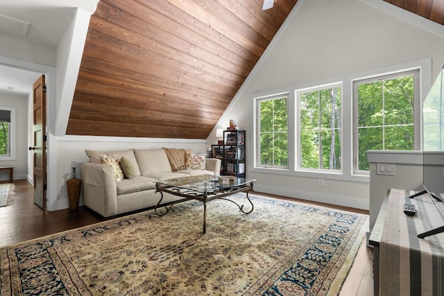 1582 New Settlers Way, Glenville, NC 28736 - living room featuring lofted ceiling, wood finished floors, baseboards, and wooden ceiling