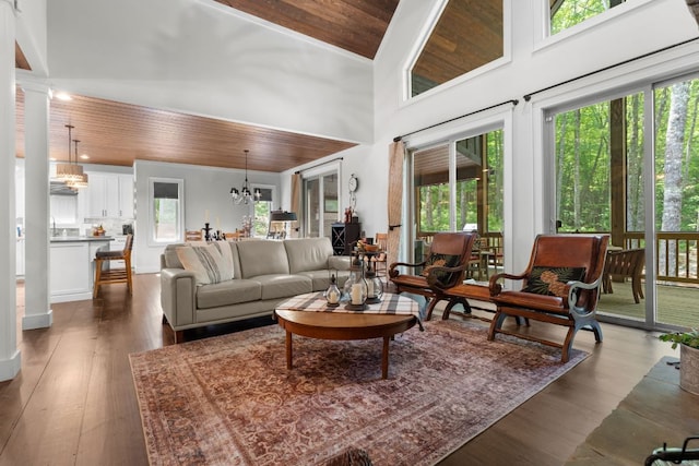 1582 New Settlers Way, Glenville, NC 28736 - living room featuring a chandelier, wooden ceiling, plenty of natural light, wood finished floors, and a high ceiling
