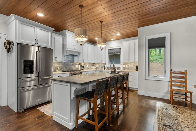 1582 New Settlers Way, Glenville, NC 28736 - kitchen featuring high quality appliances, wood ceiling, dark wood-type flooring, a center island, and a chandelier