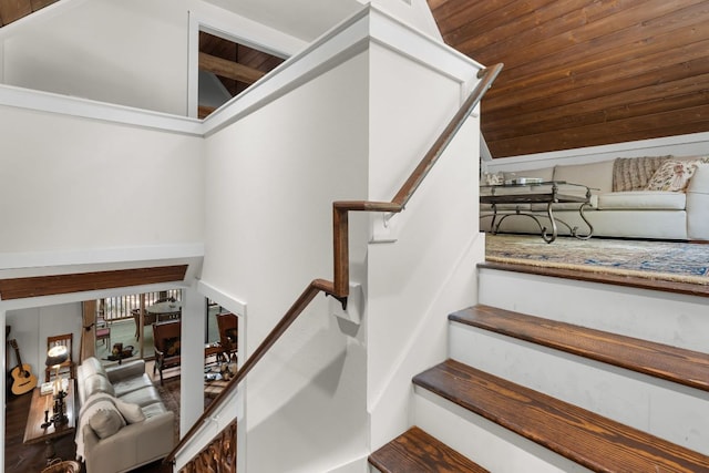 1582 New Settlers Way, Glenville, NC 28736 - staircase featuring lofted ceiling and wood ceiling