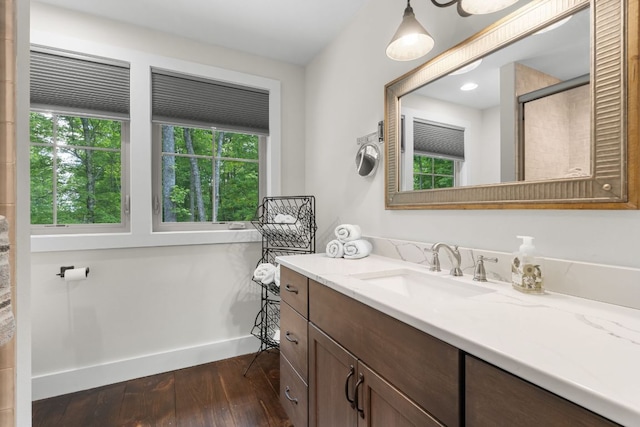 1582 New Settlers Way, Glenville, NC 28736 - bathroom with hardwood / wood-style floors, vanity, and a shower with shower door
