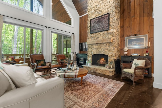 1582 New Settlers Way, Glenville, NC 28736 - living room with high vaulted ceiling, wood ceiling, dark wood-style flooring, a fireplace, and baseboards