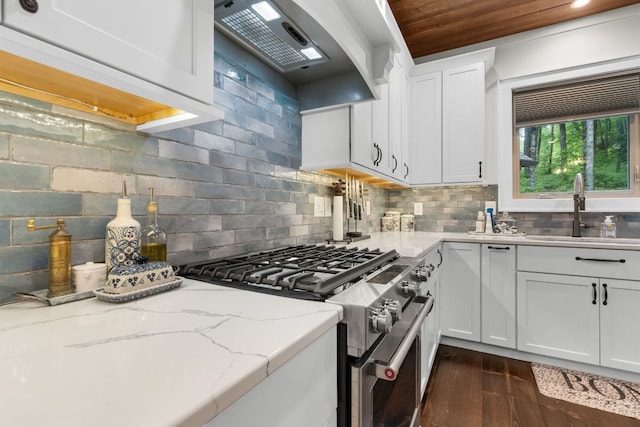 1582 New Settlers Way, Glenville, NC 28736 - kitchen with stainless steel gas range oven, a sink, wall chimney exhaust hood, dark wood finished floors, and white cabinets