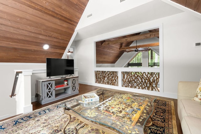 1582 New Settlers Way, Glenville, NC 28736 - living room with wooden ceiling, lofted ceiling, ceiling fan, baseboards, and wood finished floors
