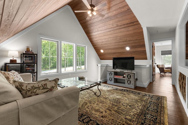 1582 New Settlers Way, Glenville, NC 28736 - living room with wood ceiling, lofted ceiling, wood finished floors, and a ceiling fan