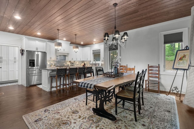 1582 New Settlers Way, Glenville, NC 28736 - dining room with wood ceiling, a chandelier, dark wood finished floors, recessed lighting, and baseboards