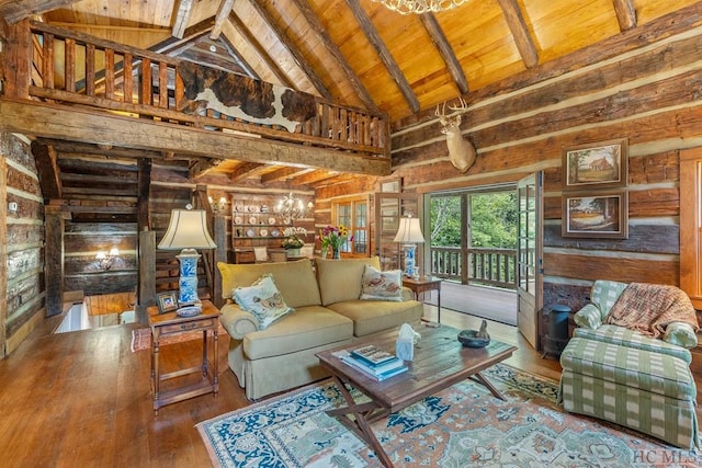 living room with beamed ceiling, wood-type flooring, high vaulted ceiling, and wooden ceiling