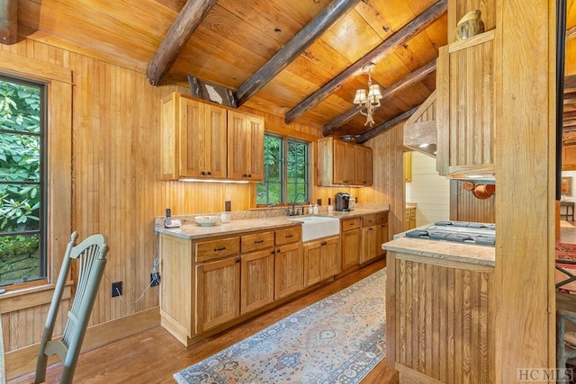 kitchen featuring sink, wood ceiling, light hardwood / wood-style flooring, and wood walls