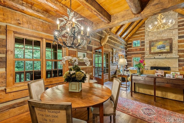 dining area featuring an inviting chandelier, wood ceiling, beam ceiling, and hardwood / wood-style flooring