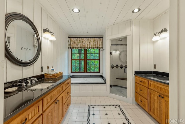 bathroom with wood ceiling, tile patterned floors, plus walk in shower, and vanity