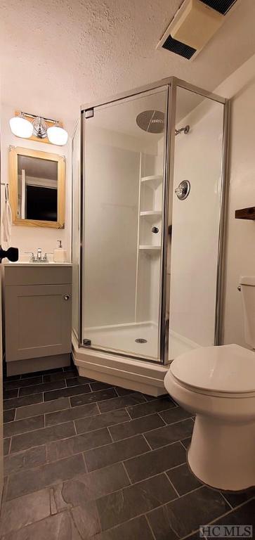 bathroom with toilet, a shower with door, and vanity