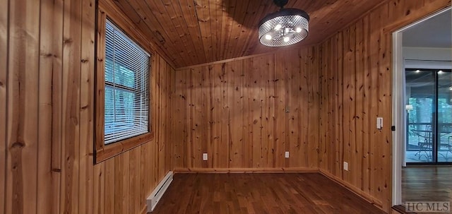 unfurnished room featuring dark hardwood / wood-style floors, wood walls, a baseboard heating unit, and wooden ceiling