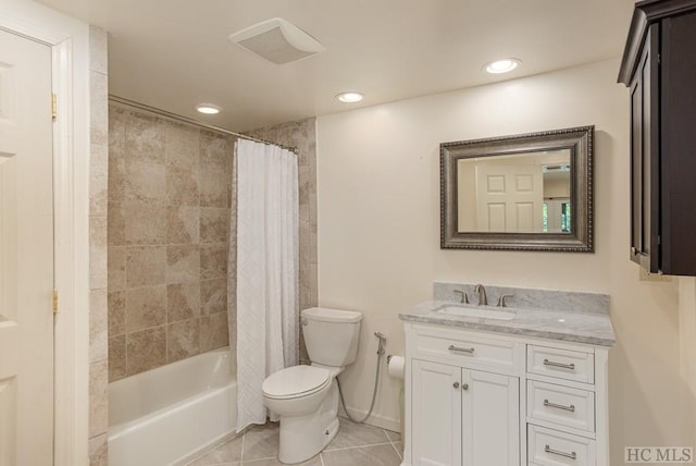 full bathroom with vanity, shower / tub combo, tile patterned floors, and toilet