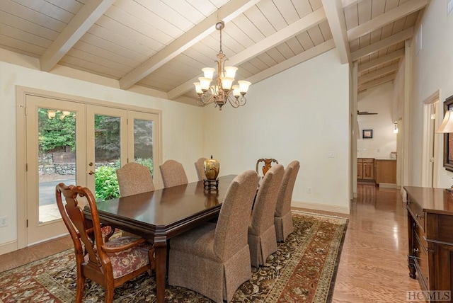 dining room with french doors, light hardwood / wood-style floors, wooden ceiling, lofted ceiling with beams, and a chandelier