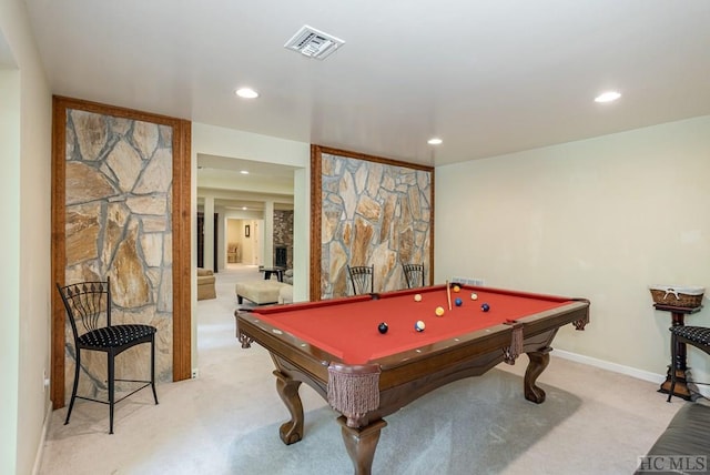 game room featuring billiards and light carpet