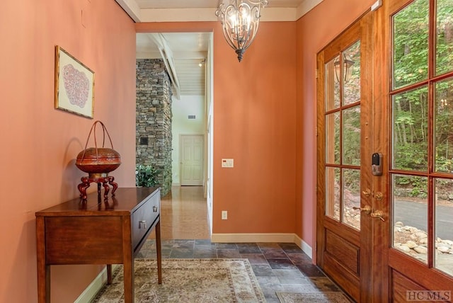 doorway with beamed ceiling and a notable chandelier