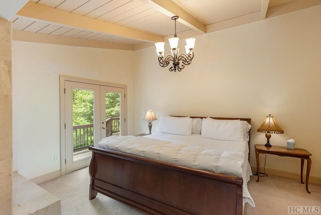 carpeted bedroom featuring french doors, beam ceiling, wood ceiling, a notable chandelier, and access to exterior