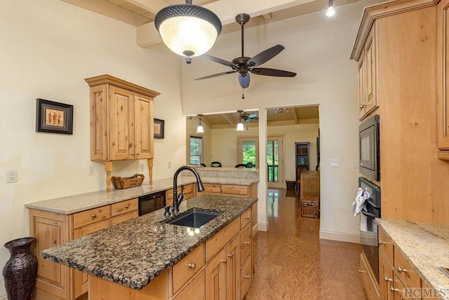 kitchen with dark stone countertops, sink, light wood-type flooring, black appliances, and a kitchen island with sink