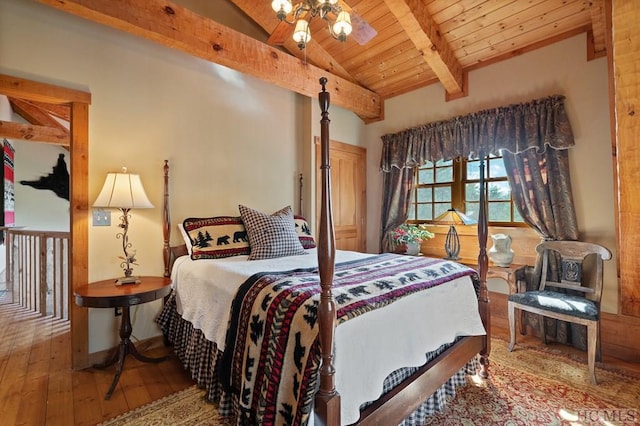 bedroom featuring wood-type flooring, vaulted ceiling with beams, and wood ceiling