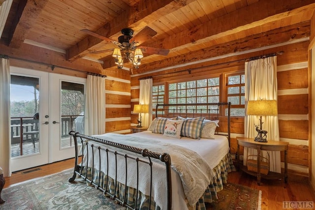 bedroom with wooden walls, hardwood / wood-style flooring, access to exterior, wooden ceiling, and french doors