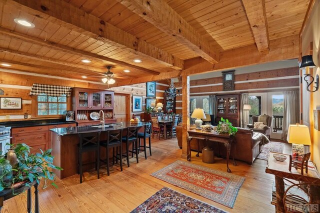 living room with sink, light hardwood / wood-style floors, wooden ceiling, and ceiling fan