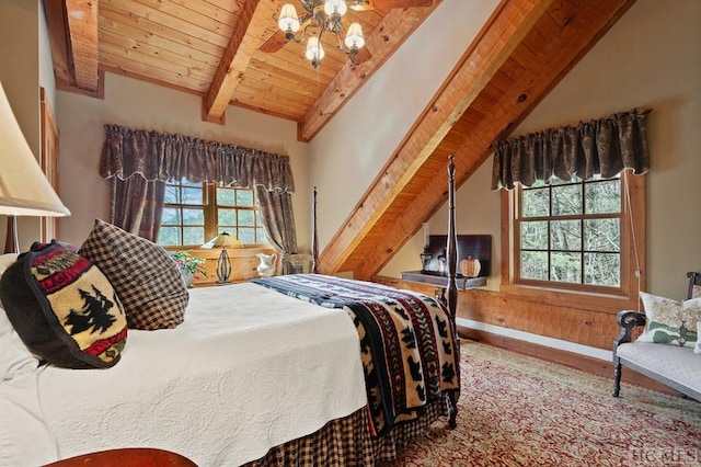 bedroom featuring wood-type flooring, vaulted ceiling with beams, and wooden ceiling