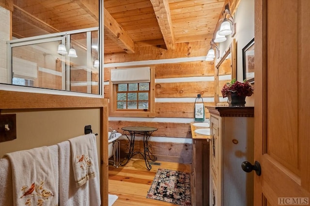 bathroom featuring wooden walls, vanity, beam ceiling, and wooden ceiling