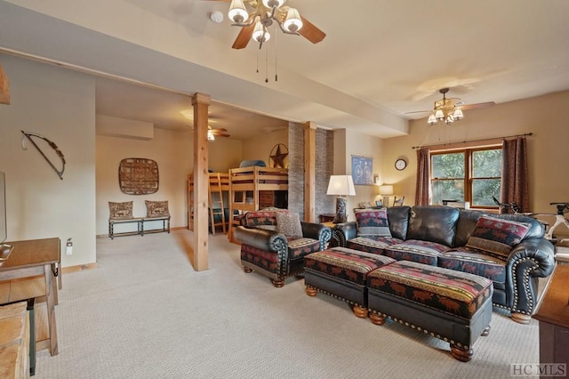 carpeted living room featuring ceiling fan