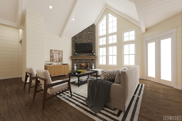 living room with beam ceiling, a stone fireplace, dark wood-type flooring, and high vaulted ceiling