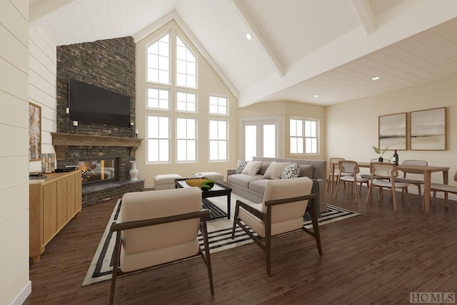 living room with a stone fireplace, dark wood-type flooring, beamed ceiling, and a wealth of natural light