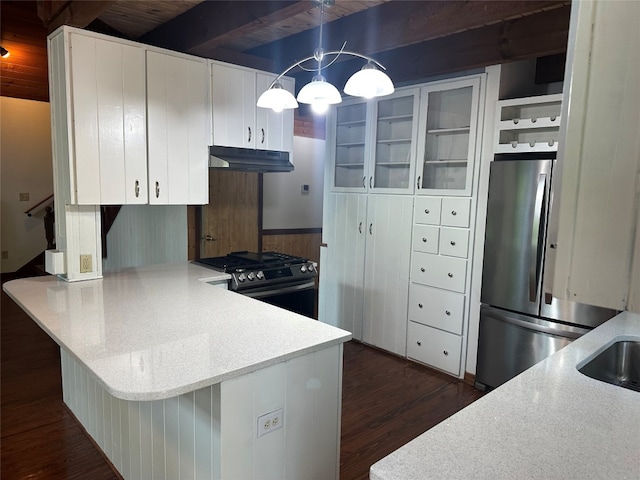 181 Hiwassee Rd, Lake Toxaway, NC 28747 - kitchen featuring appliances with stainless steel finishes, under cabinet range hood, a peninsula, dark wood-style flooring, and a wooden ceiling with exposed beams