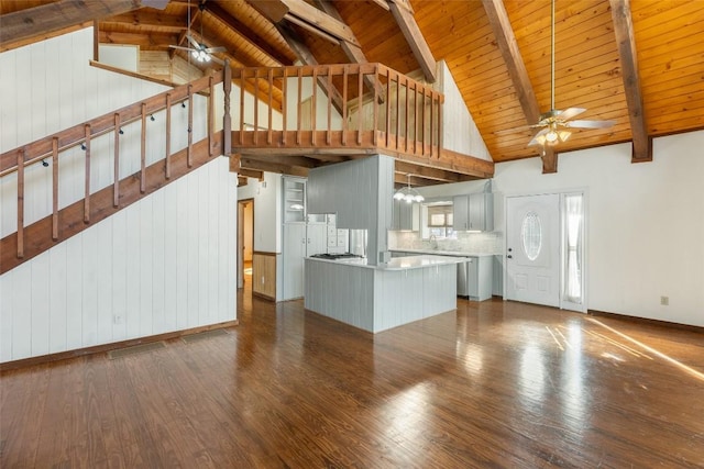 unfurnished living room with sink, beam ceiling, dark wood-type flooring, and ceiling fan