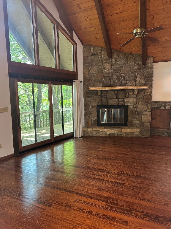 181 Hiwassee Rd, Lake Toxaway, NC 28747 - unfurnished living room with a ceiling fan, a fireplace, wood finished floors, and wooden ceiling