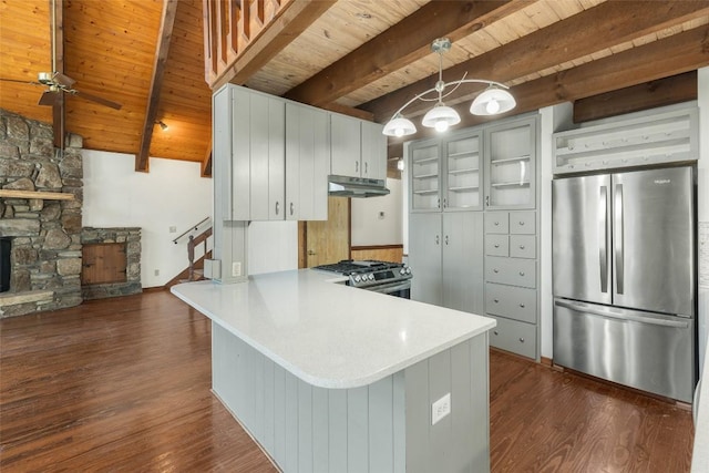 kitchen with appliances with stainless steel finishes, pendant lighting, wood ceiling, and kitchen peninsula