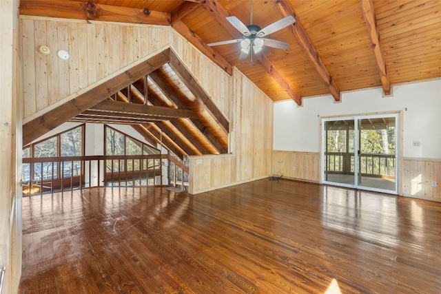 unfurnished living room featuring dark hardwood / wood-style flooring, wooden walls, lofted ceiling with beams, and wooden ceiling