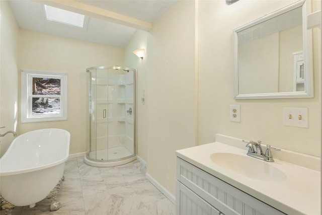 181 Hiwassee Rd, Lake Toxaway, NC 28747 - full bathroom featuring a shower stall, vanity, a soaking tub, marble look tiles, and vaulted ceiling