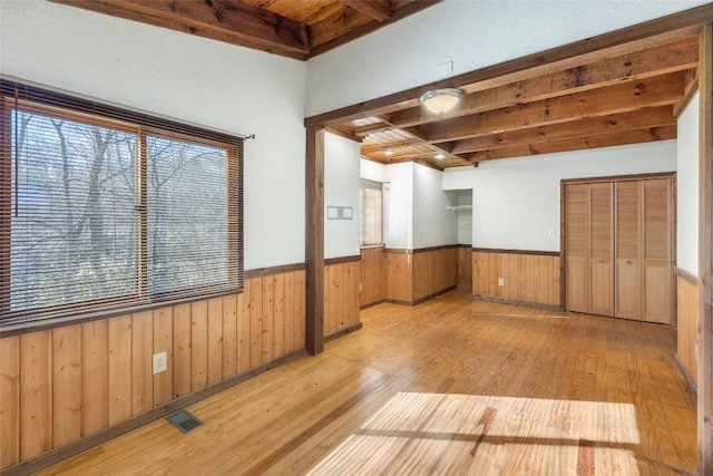 181 Hiwassee Rd, Lake Toxaway, NC 28747 - empty room with hardwood / wood-style floors, a wainscoted wall, wood walls, and a wood ceiling with exposed beams