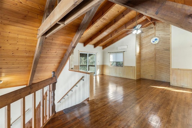 181 Hiwassee Rd, Lake Toxaway, NC 28747 - hallway with an upstairs landing, dark wood-style floors, a wood ceiling with exposed beams, a wainscoted wall, and wooden walls