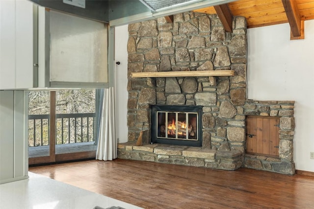 details featuring wood-type flooring and a stone fireplace