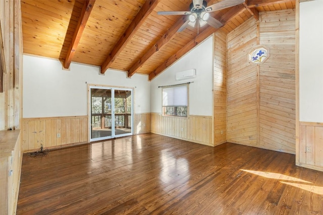 unfurnished living room with beamed ceiling, dark wood-type flooring, wooden ceiling, and ceiling fan