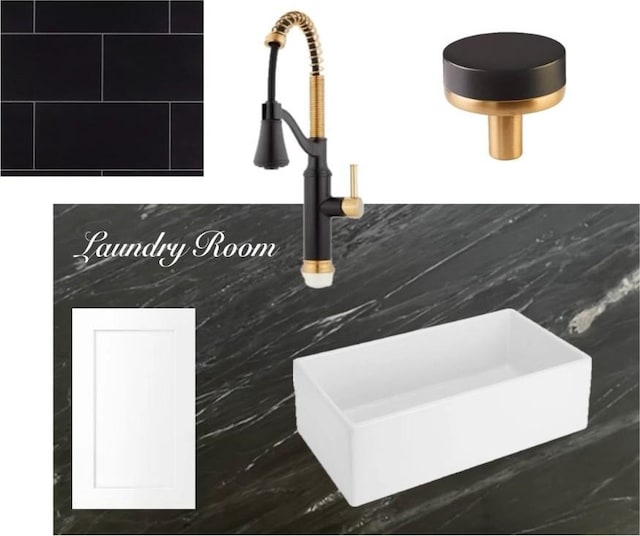 detailed view of a sink and tile walls