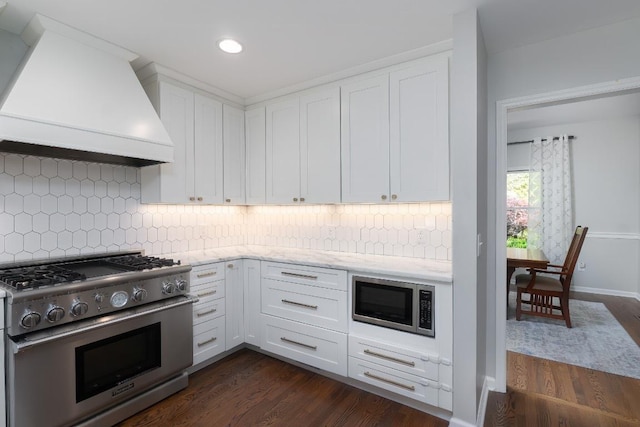 kitchen with stainless steel appliances, custom exhaust hood, dark wood-style floors, white cabinetry, and recessed lighting