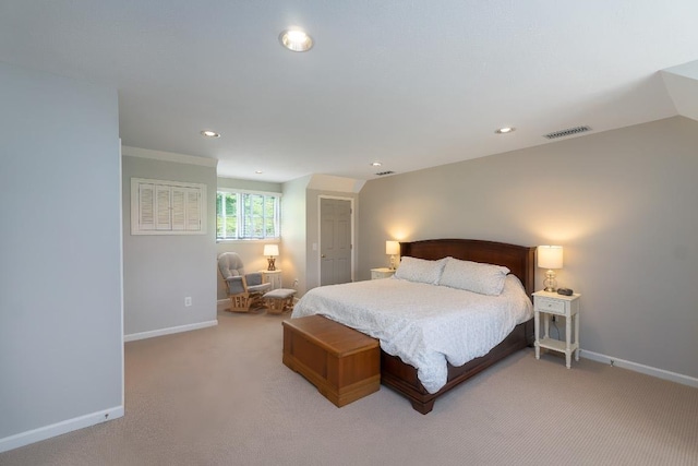 bedroom featuring baseboards, light colored carpet, and recessed lighting